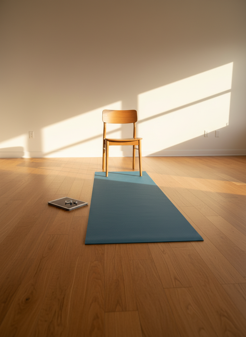 A wide, uncluttered living room space features a single slate-blue yoga mat stretched lengthwise on warm, honey-toned hardwood flooring. Beside the mat sits a closed, slim tablet with a muted metallic finish and wireless earbuds resting on top, suggesting a guided online class. A sturdy wooden chair with clean lines is positioned at the mat’s top edge, ready for support-based mobility work. Late afternoon light streams in from the right, casting defined but gentle shadows and a golden glow across the floor. Captured from a low-angle, wide-lens perspective, the composition uses rule-of-thirds framing to highlight both the mat and the adaptable environment. The photographic style is clean and professional, evoking accessible, beginner-friendly practice.